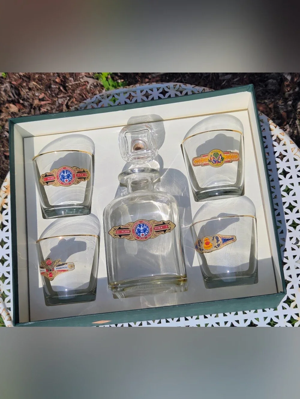 Vintage Richard E. Bishop Cigar Band Glass Decanter and Tumbler Gift Set